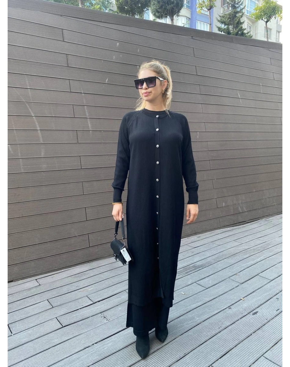 Nuss Triko 25K1110 Siyah Fitilli Uzun Triko Hırka