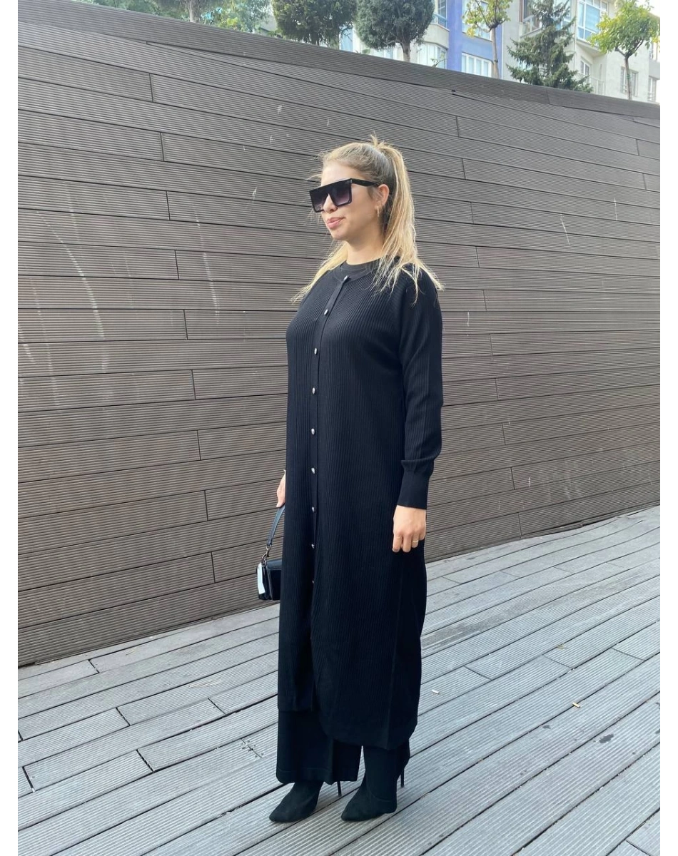 Nuss Triko 25K1110 Siyah Fitilli Uzun Triko Hırka