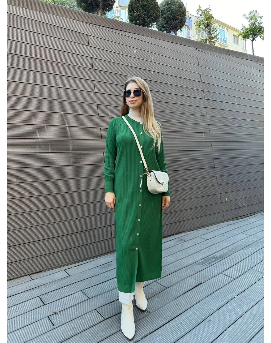 Nuss Triko 25K1110 Yeşil Fitilli Uzun Triko Hırka