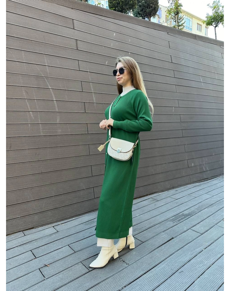 Nuss Triko 25K1110 Yeşil Fitilli Uzun Triko Hırka