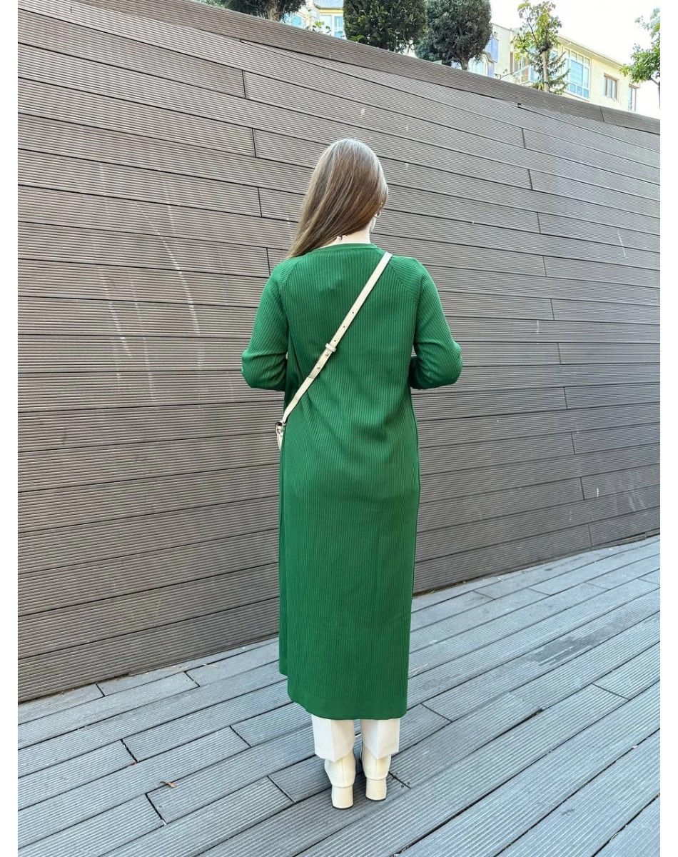 Nuss Triko 25K1110 Yeşil Fitilli Uzun Triko Hırka