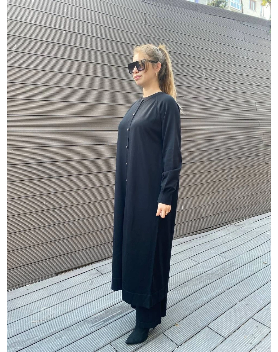 Nuss Triko 25K512 Siyah Düğmeli Uzun Triko Hırka