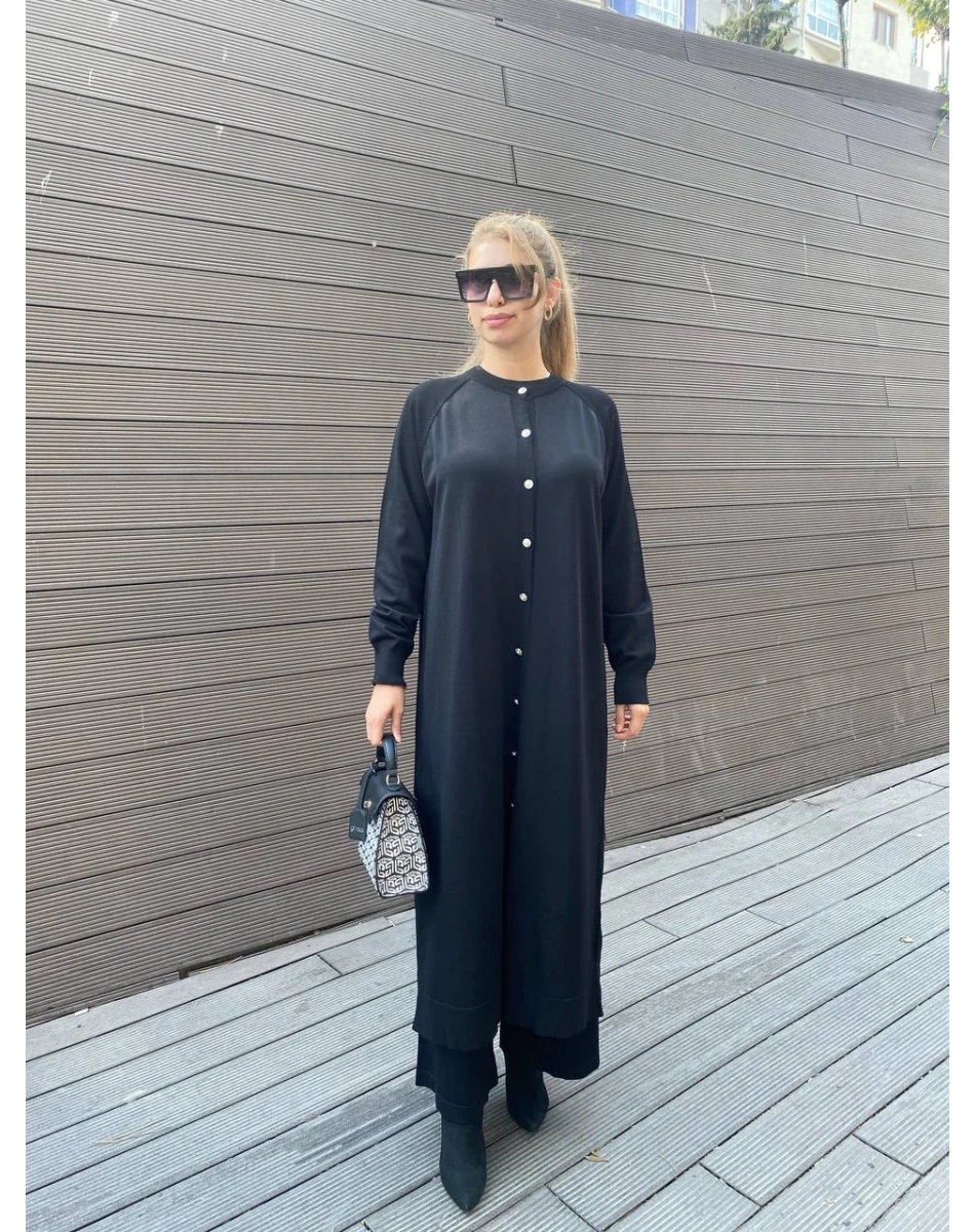 Nuss Triko 25K512 Siyah Düğmeli Uzun Triko Hırka