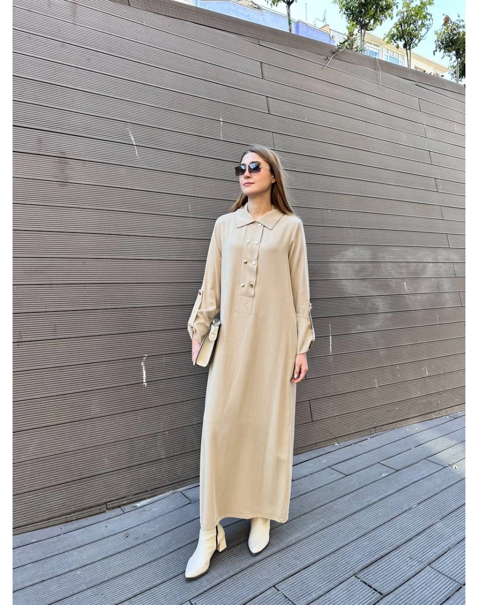 Nuss Triko 25K2006 Bej Çıtçıt Detaylı Elbise