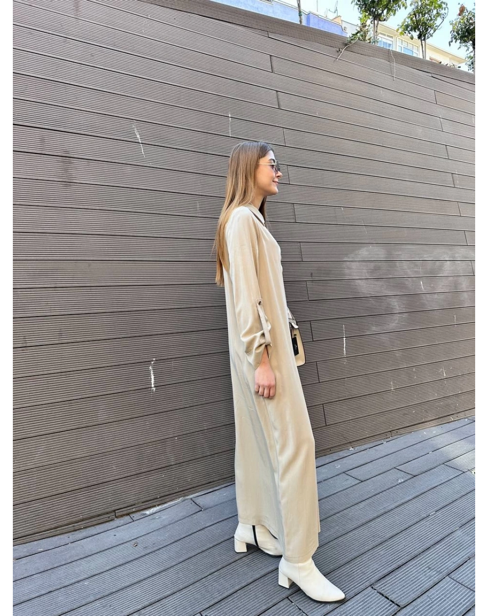 Nuss Triko 25K2006 Bej Çıtçıt Detaylı Elbise