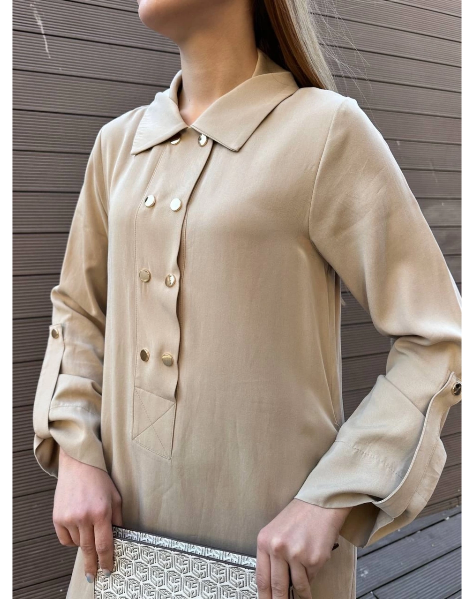 Nuss Triko 25K2006 Bej Çıtçıt Detaylı Elbise