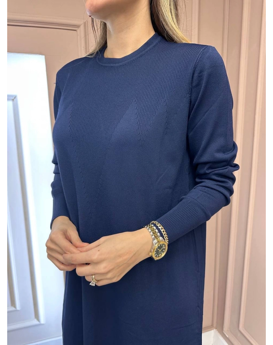 Nuss Triko 25Y1420 Lacivert Fitil Detaylı Triko Elbise