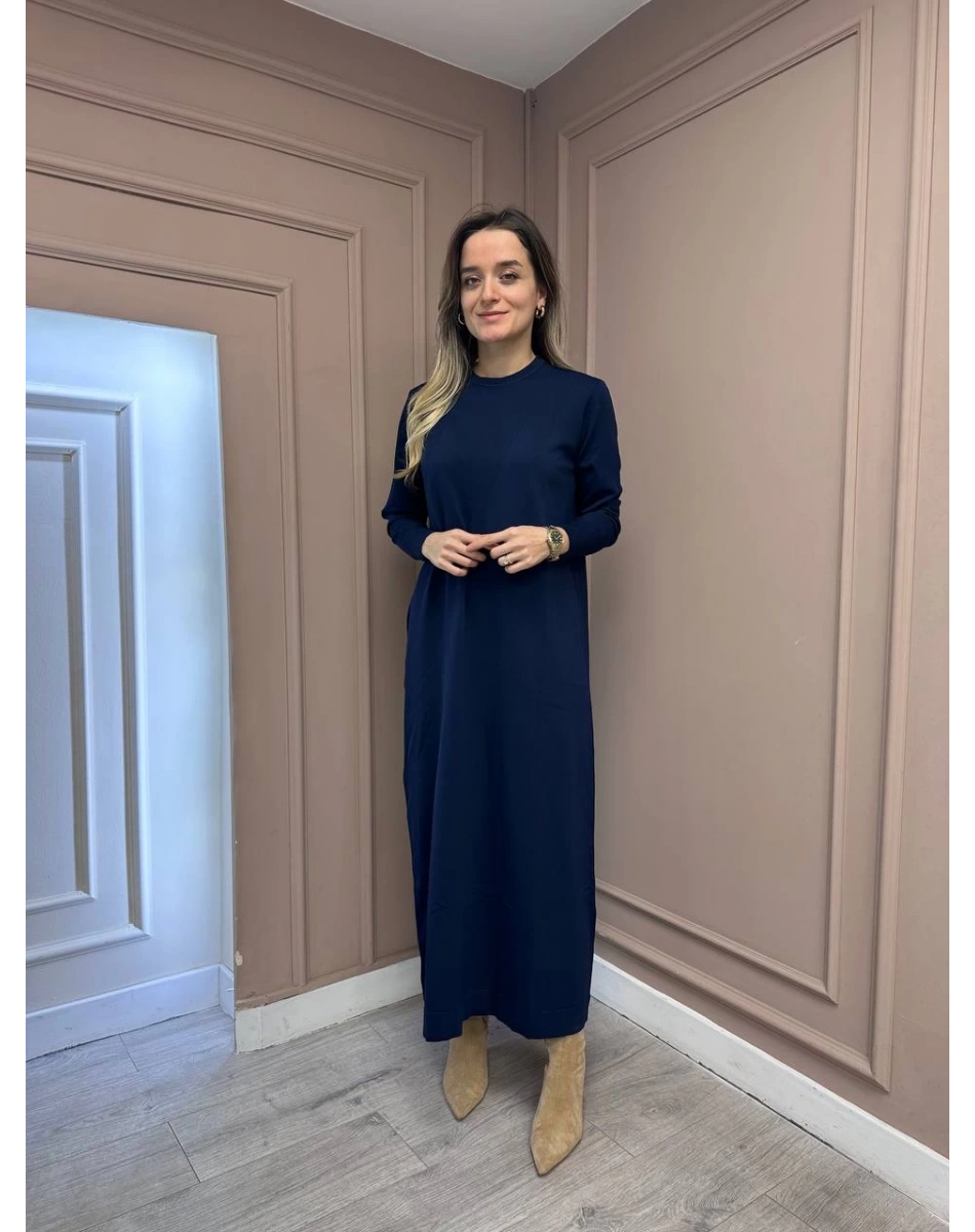 Nuss Triko 25Y1420 Lacivert Fitil Detaylı Triko Elbise