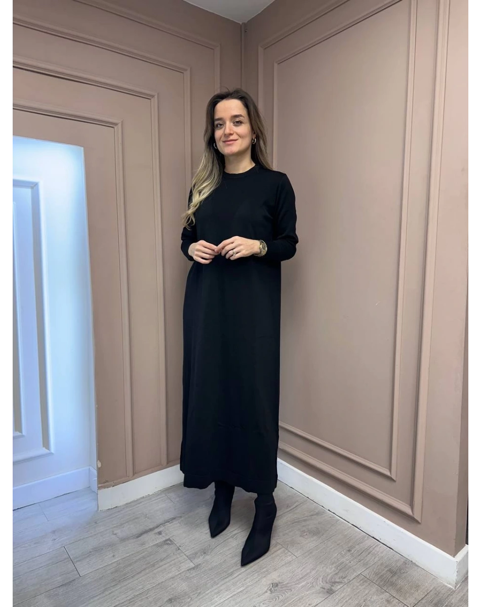 Nuss Triko 25Y1420 Siyah Fitil Detaylı Triko Elbise