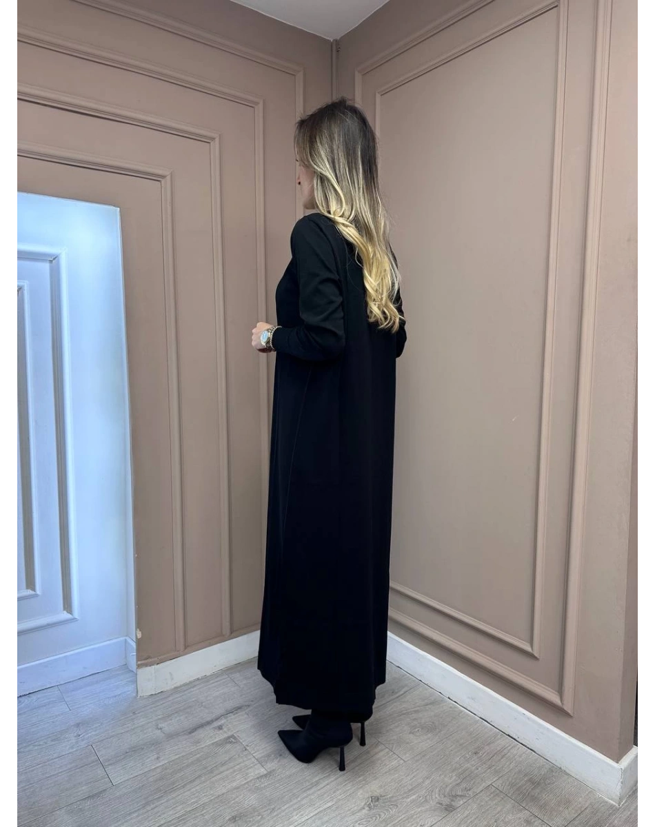 Nuss Triko 25Y1420 Siyah Fitil Detaylı Triko Elbise