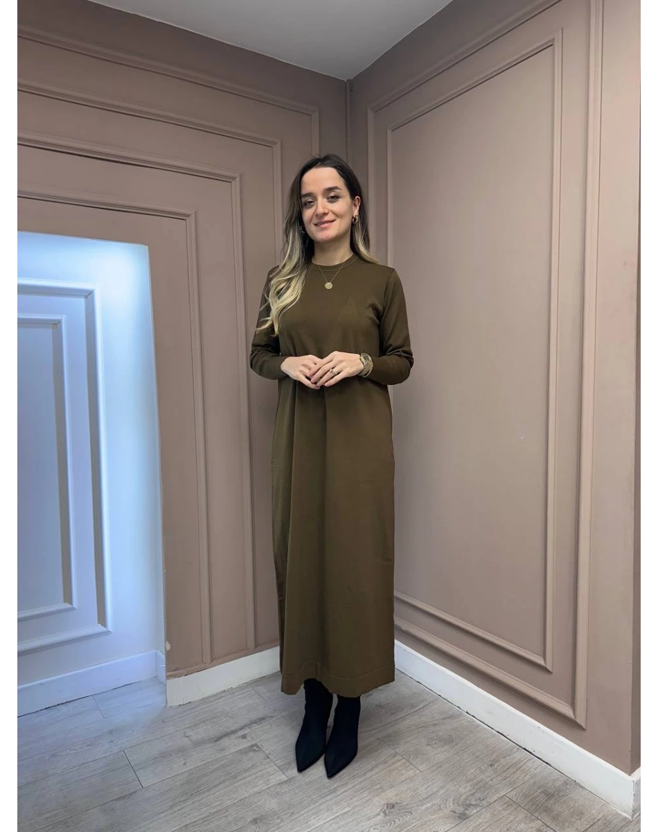 Nuss Triko 25Y1420 Sütlü Kahve Fitil Detaylı Triko Elbise
