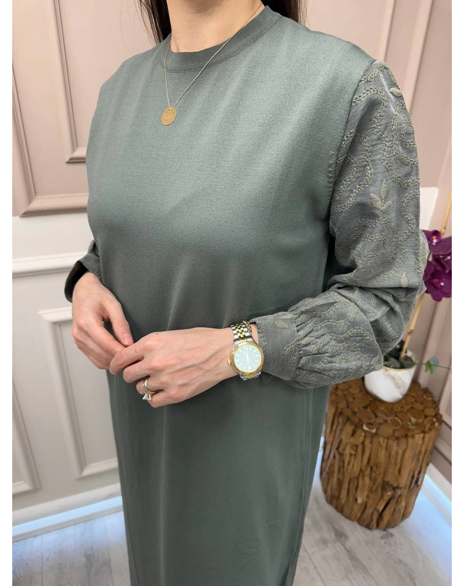 Nuss Triko 25Y2062 Haki Kol Detaylı Triko Elbise