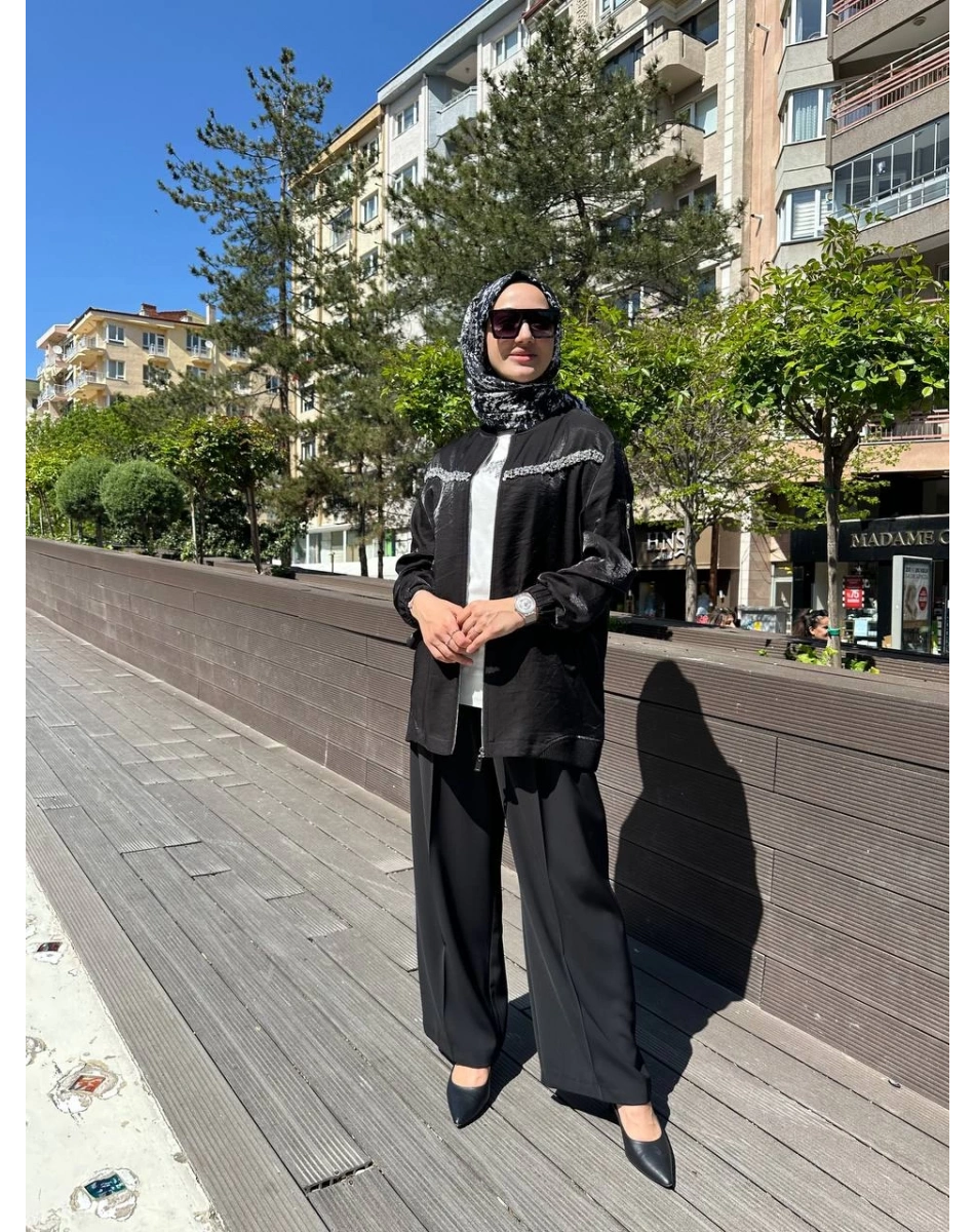 Nuss Triko 25Y6038 Siyah Taş Detaylı Kap