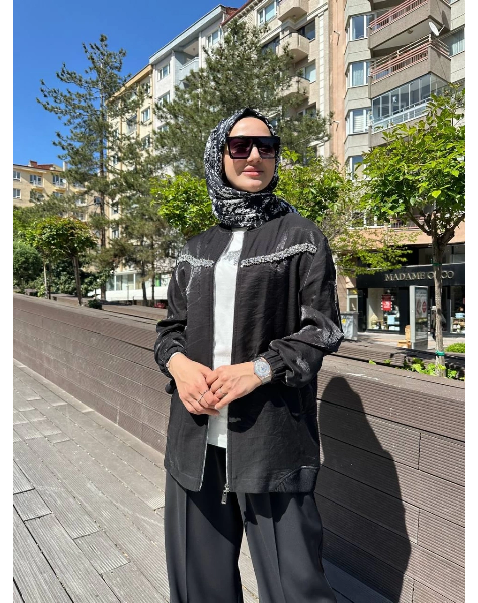 Nuss Triko 25Y6038 Siyah Taş Detaylı Kap