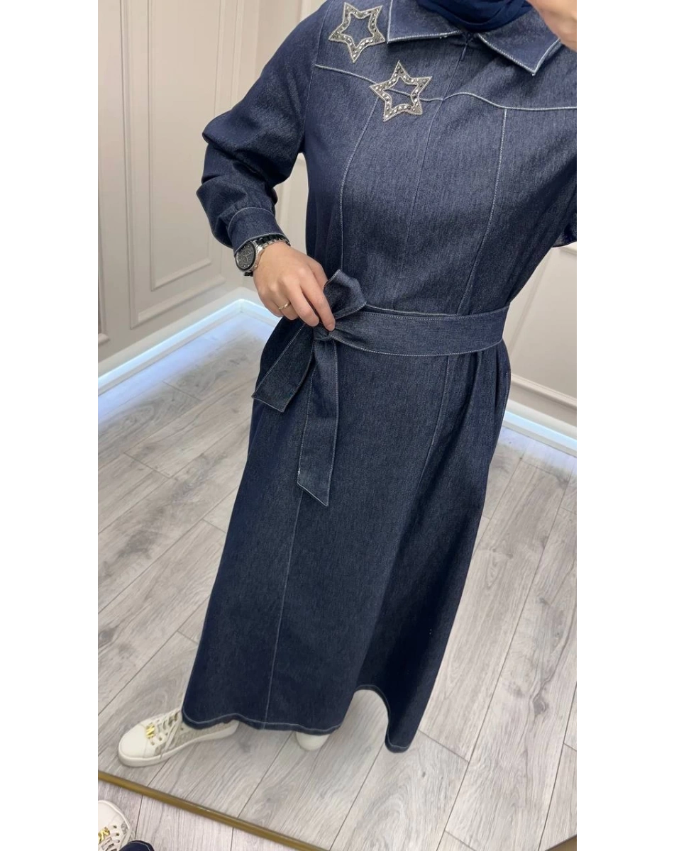 Nuss Triko 26K2009 Lacivert Yaka Detaylı Kot Elbise