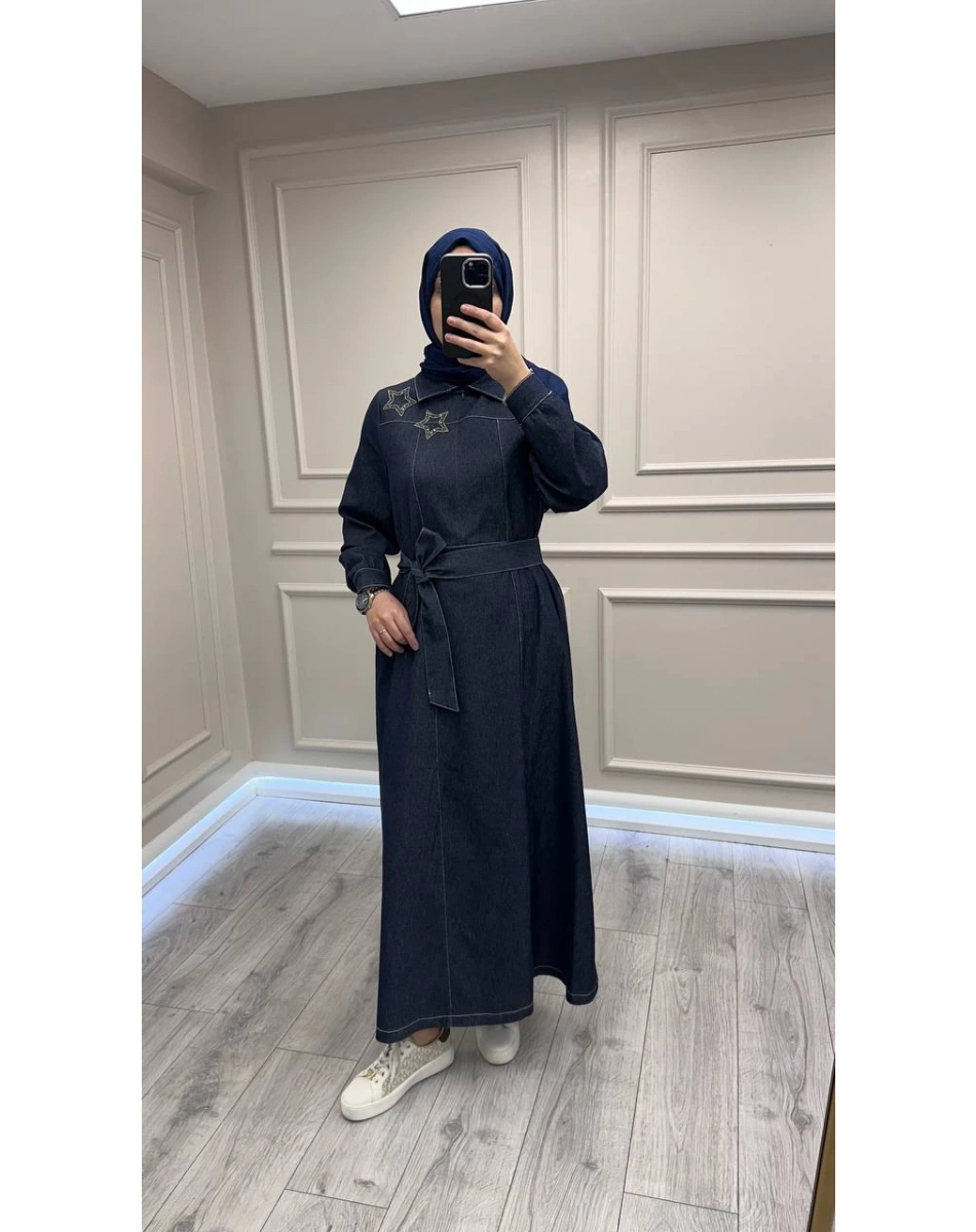 Nuss Triko 26K2009 Lacivert Yaka Detaylı Kot Elbise