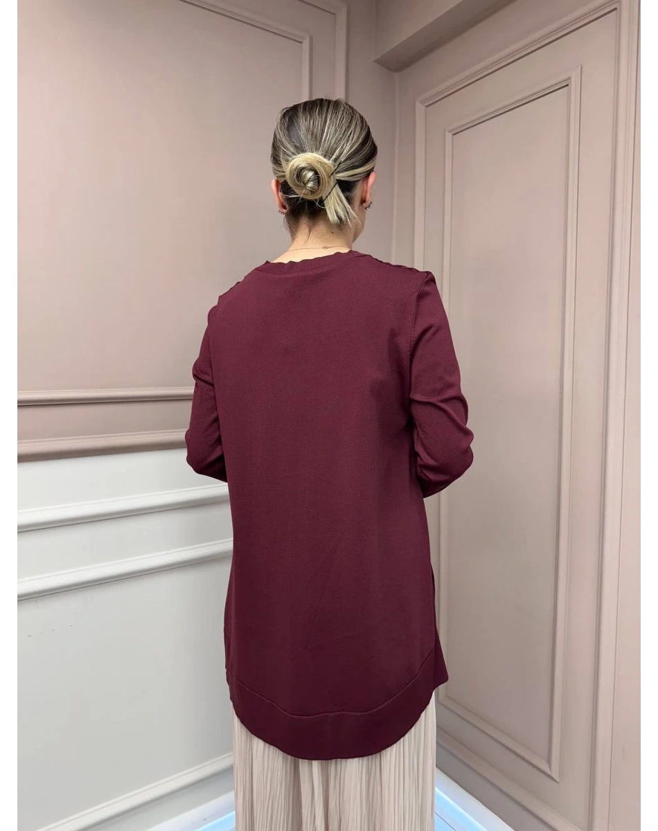 Nuss Triko 26K3002 Bordo Önü Leopar Desen Arkası Triko Tunik