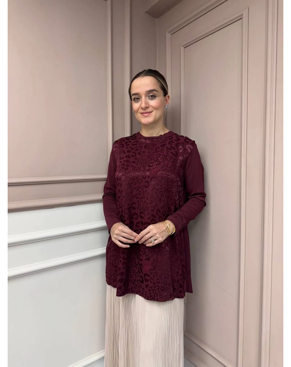Nuss Triko 26K3002 Bordo Önü Leopar Desen Arkası Triko Tunik