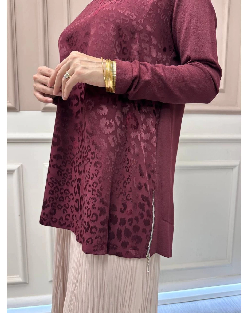 Nuss Triko 26K3002 Bordo Önü Leopar Desen Arkası Triko Tunik