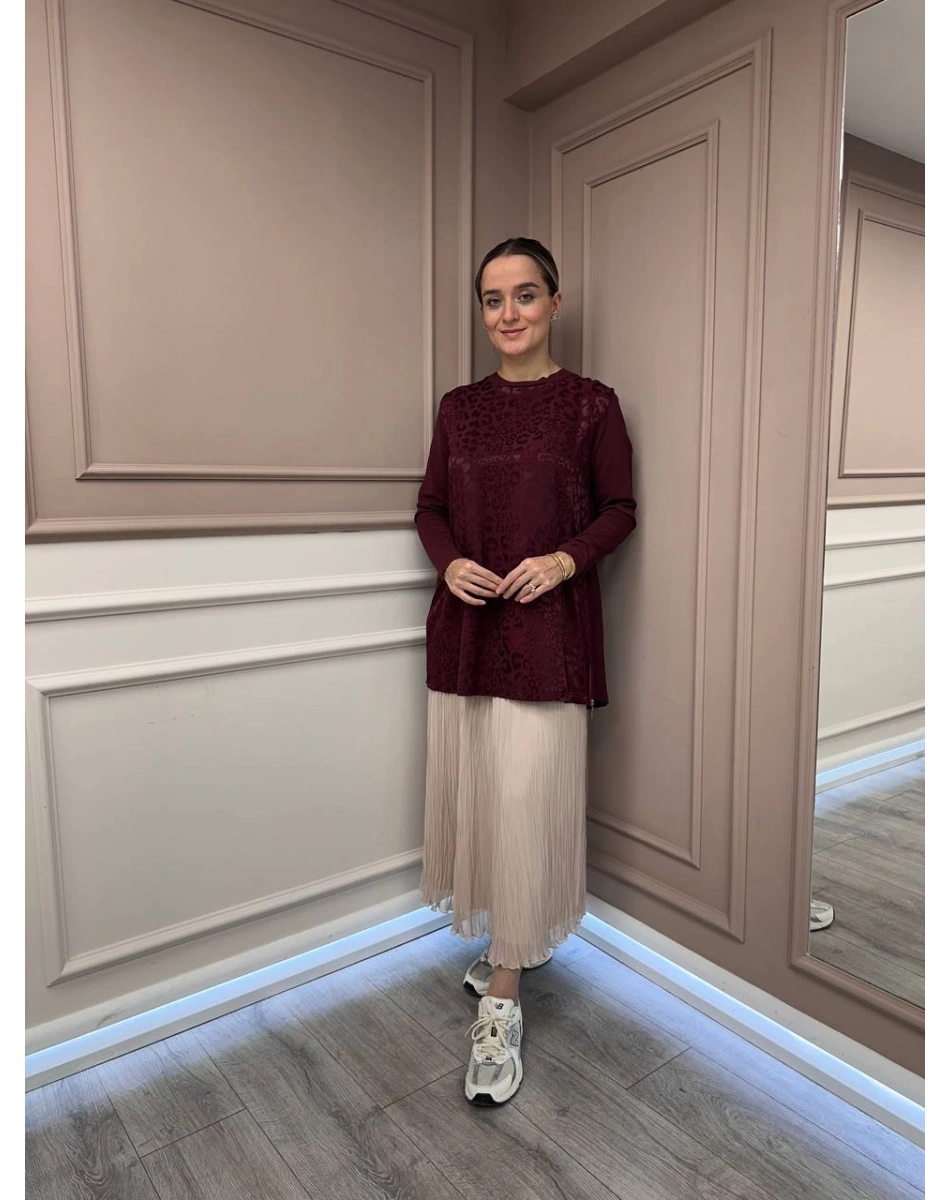 Nuss Triko 26K3002 Bordo Önü Leopar Desen Arkası Triko Tunik