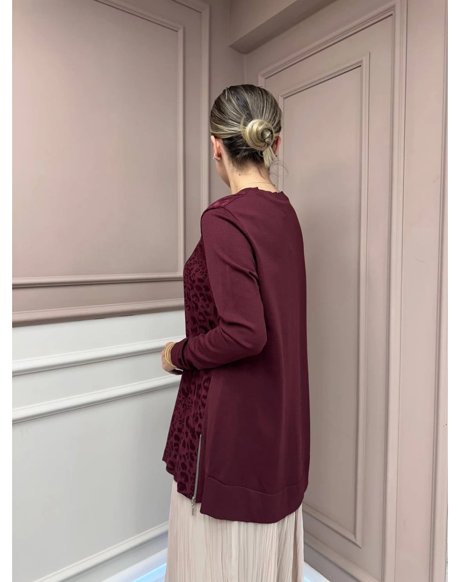 Nuss Triko 26K3002 Bordo Önü Leopar Desen Arkası Triko Tunik