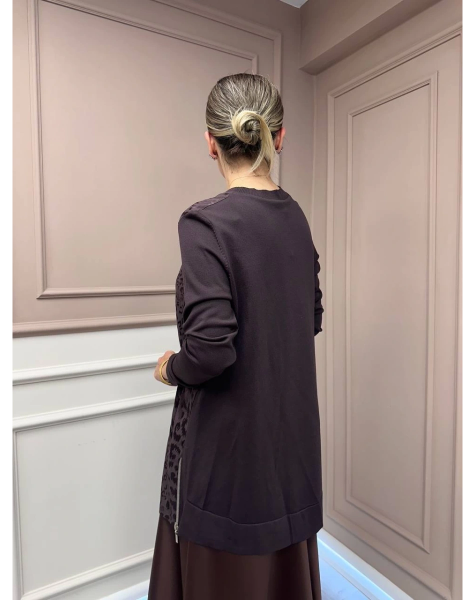 Nuss Triko 26K3002 Kahve Önü Leopar Desen Arkası Triko Tunik