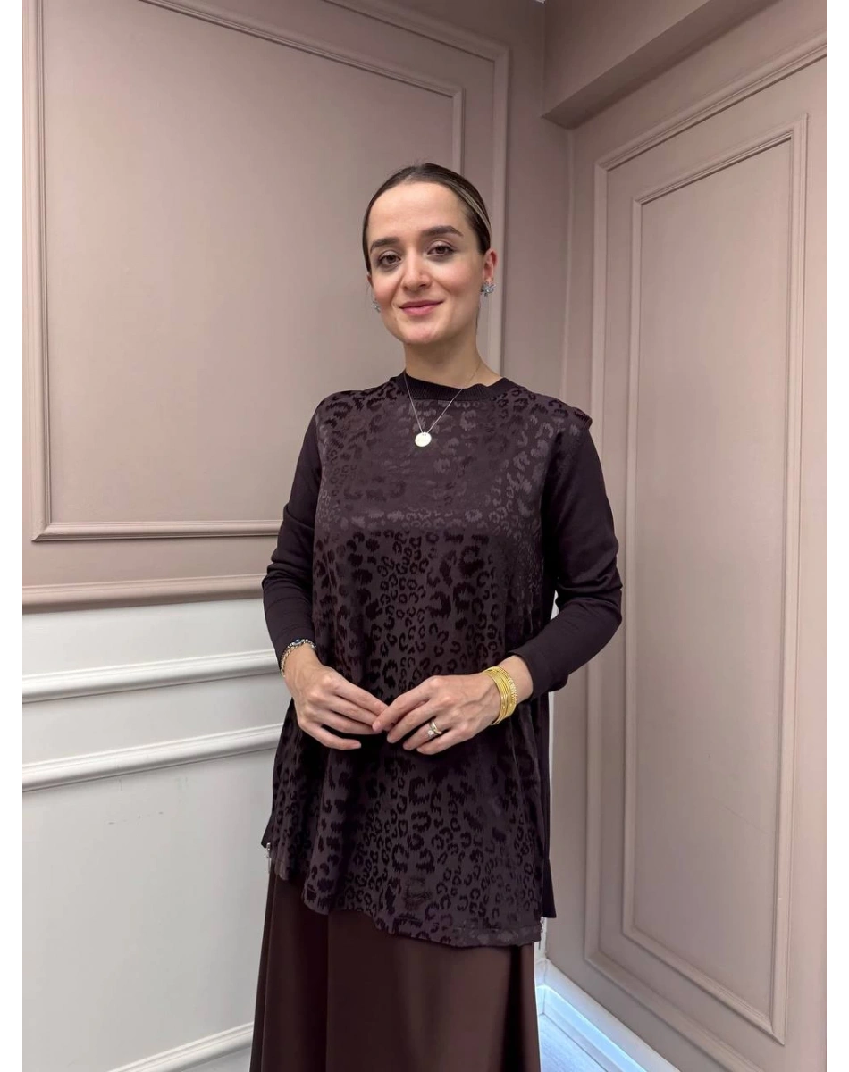 Nuss Triko 26K3002 Kahve Önü Leopar Desen Arkası Triko Tunik