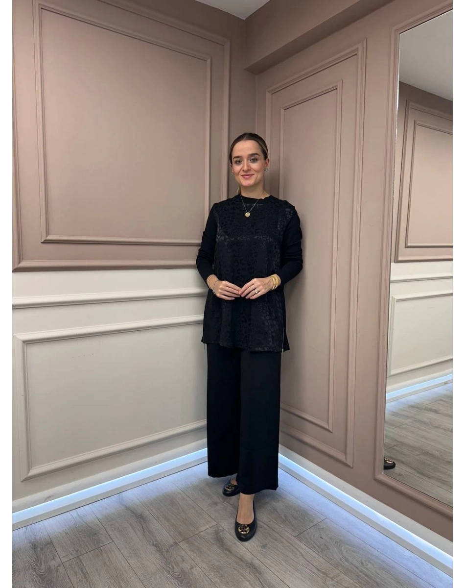 Nuss Triko 26K3002 Siyah Önü Leopar Desen Arkası Triko Tunik