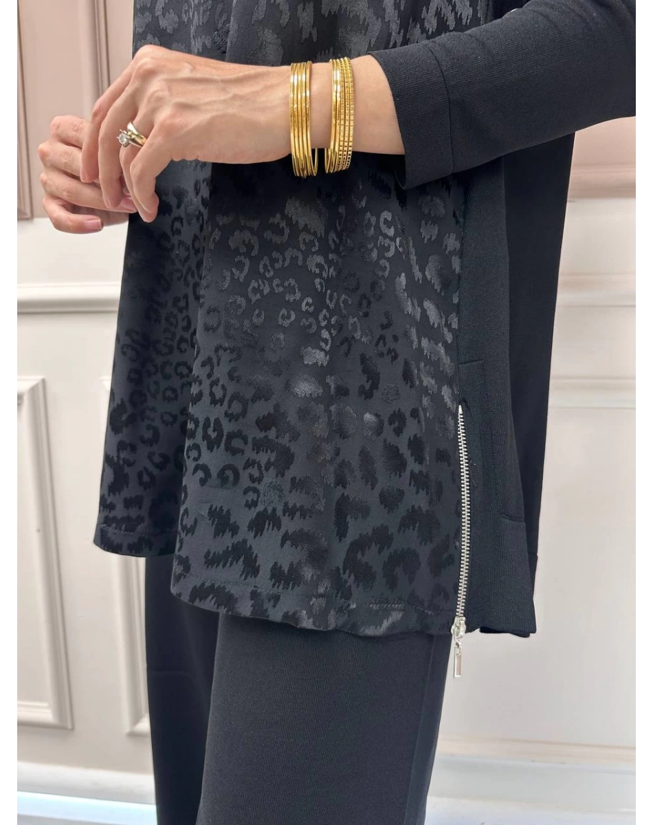 Nuss Triko 26K3002 Siyah Önü Leopar Desen Arkası Triko Tunik