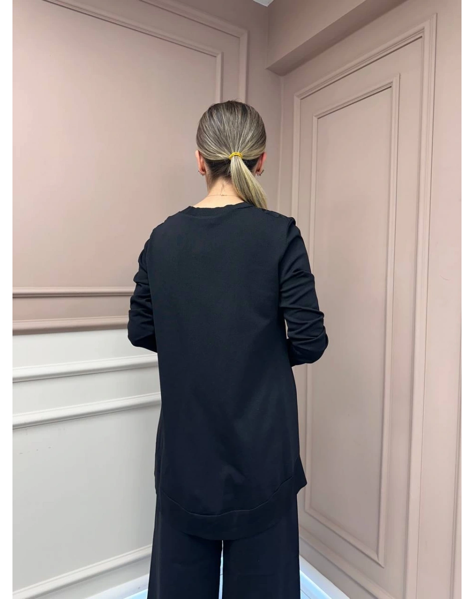 Nuss Triko 26K3002 Siyah Önü Leopar Desen Arkası Triko Tunik