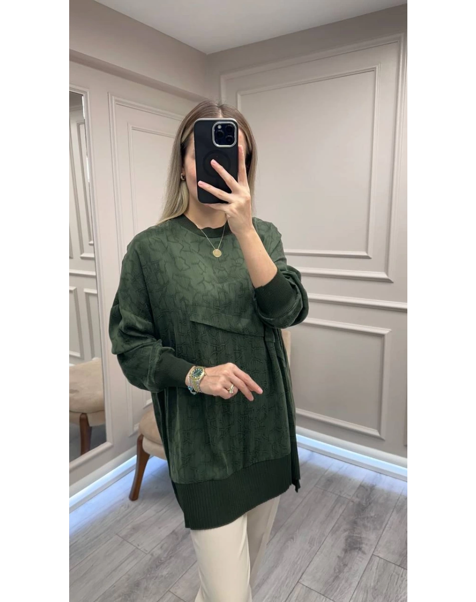 Nuss Triko 26K3003 Yeşil Önü Detaylı Tunik