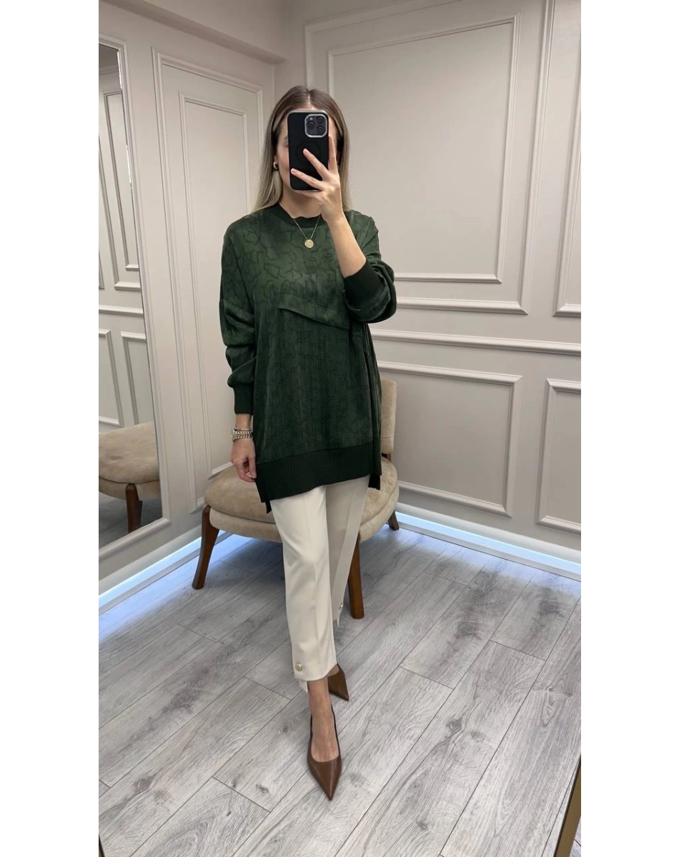 Nuss Triko 26K3003 Yeşil Önü Detaylı Tunik