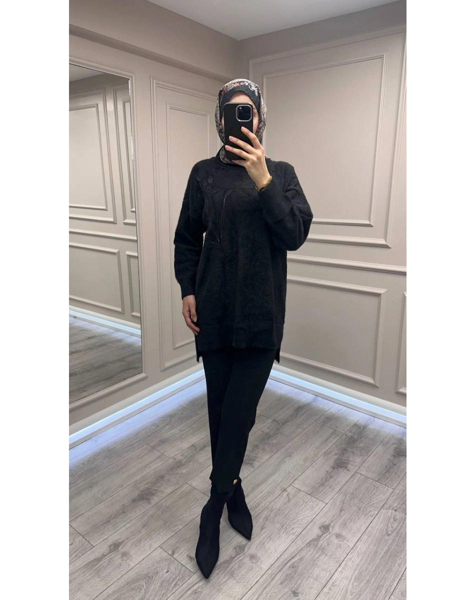 Nuss Triko 26K7004 Siyah Angora Kazak