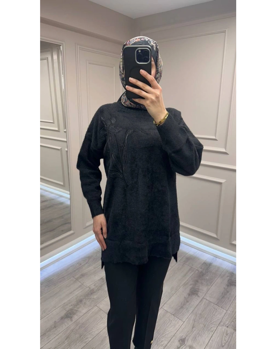 Nuss Triko 26K7004 Siyah Angora Kazak