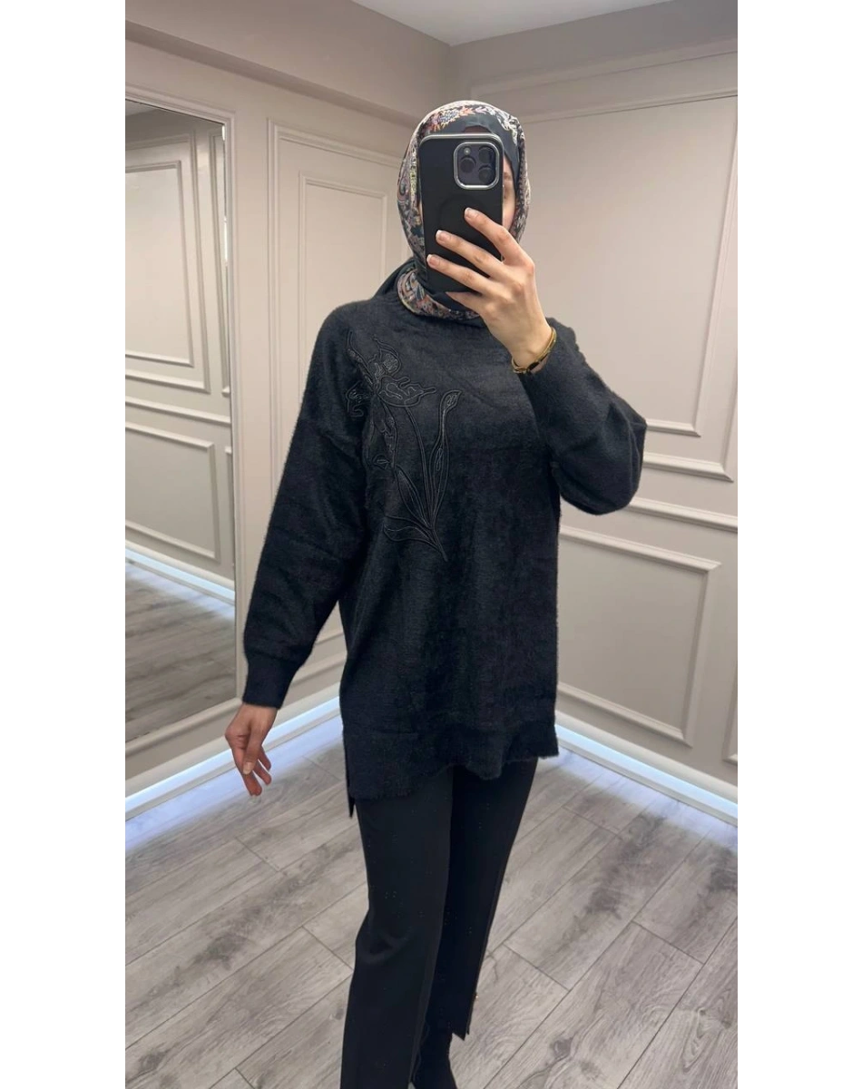 Nuss Triko 26K7004 Siyah Angora Kazak