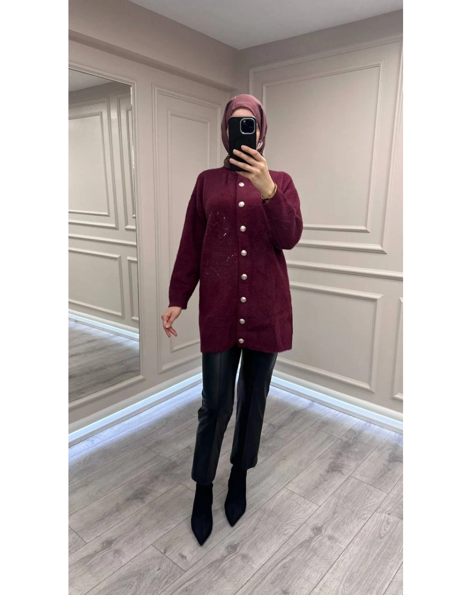 Nuss Triko 26K7007 Bordo Angora Hırka