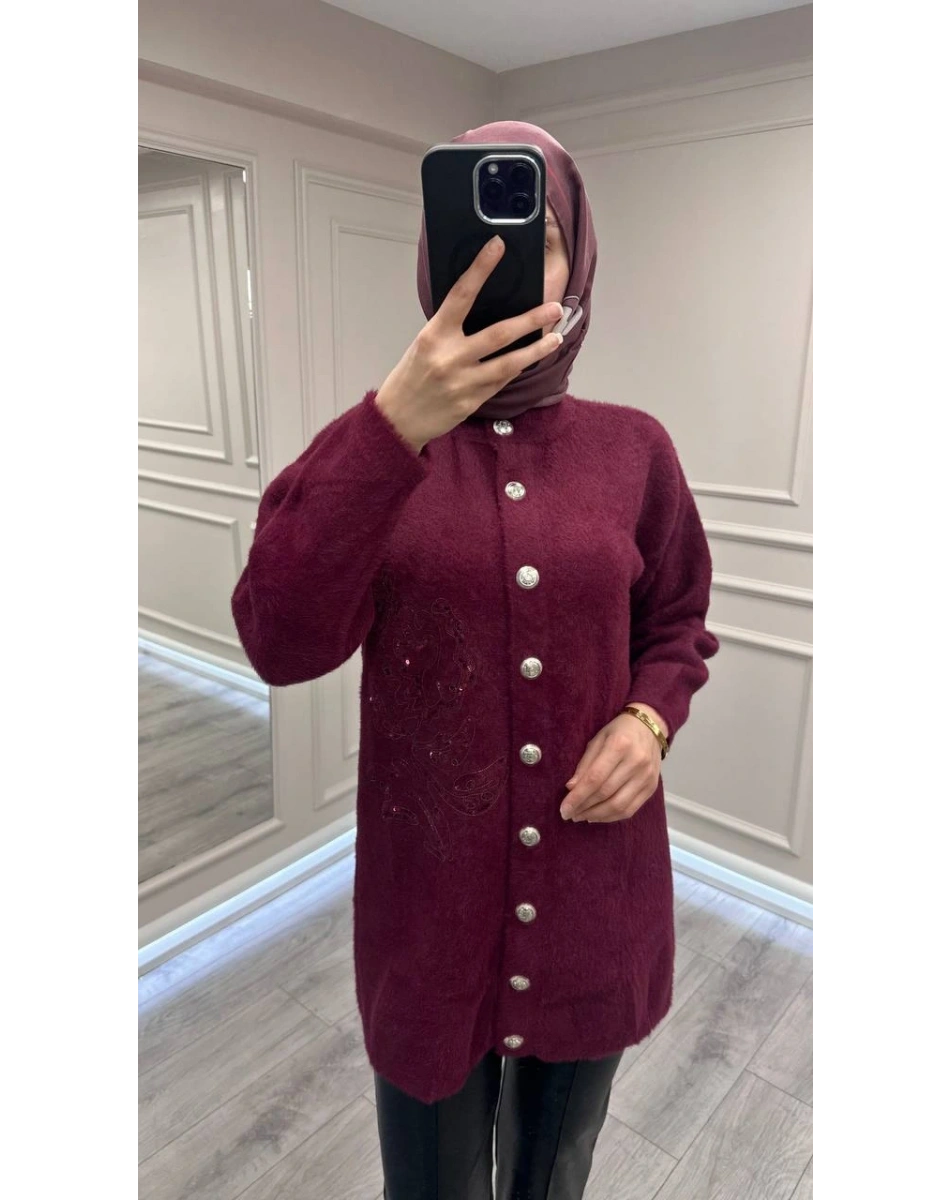 Nuss Triko 26K7007 Bordo Angora Hırka