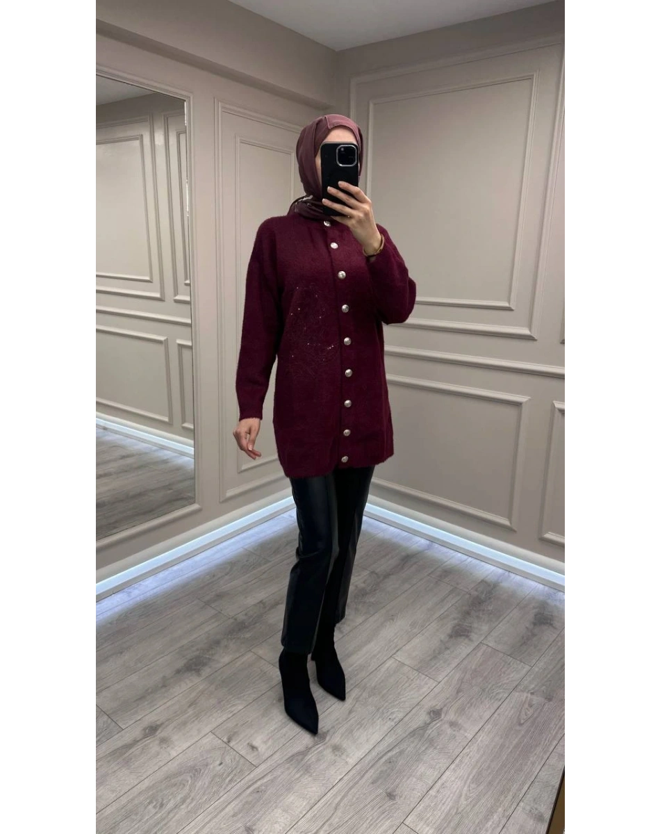 Nuss Triko 26K7007 Bordo Angora Hırka