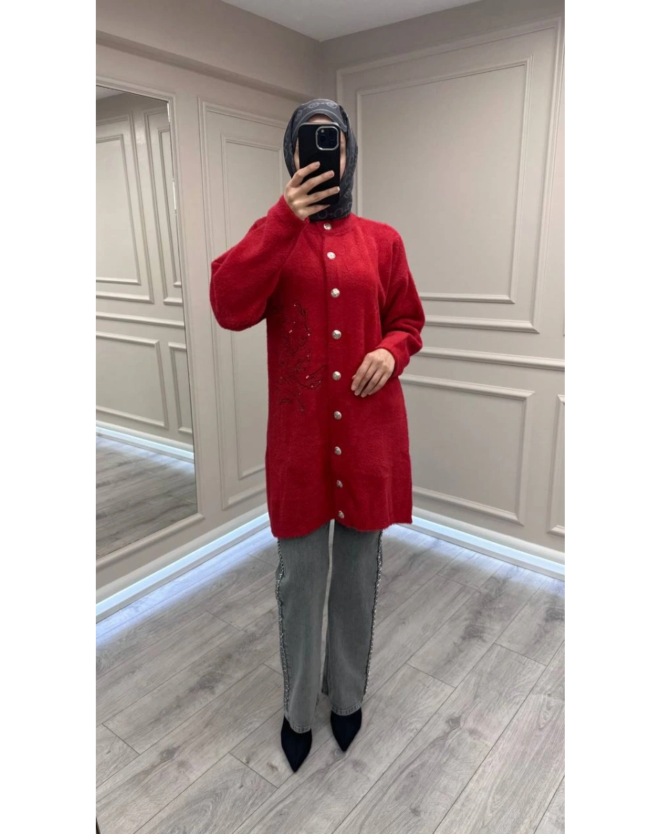 Nuss Triko 26K7007 Kırmızı Angora Hırka