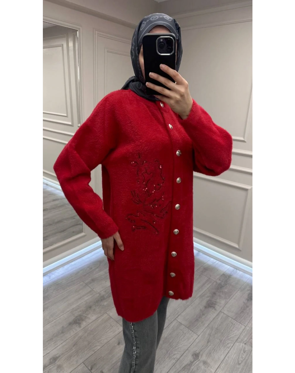 Nuss Triko 26K7007 Kırmızı Angora Hırka