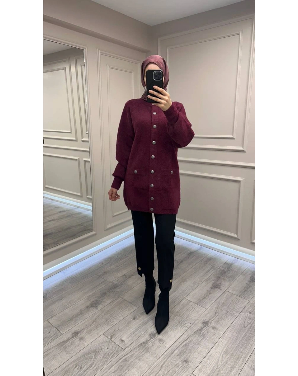 Nuss Triko 26K7008 Bordo Angora Hırka