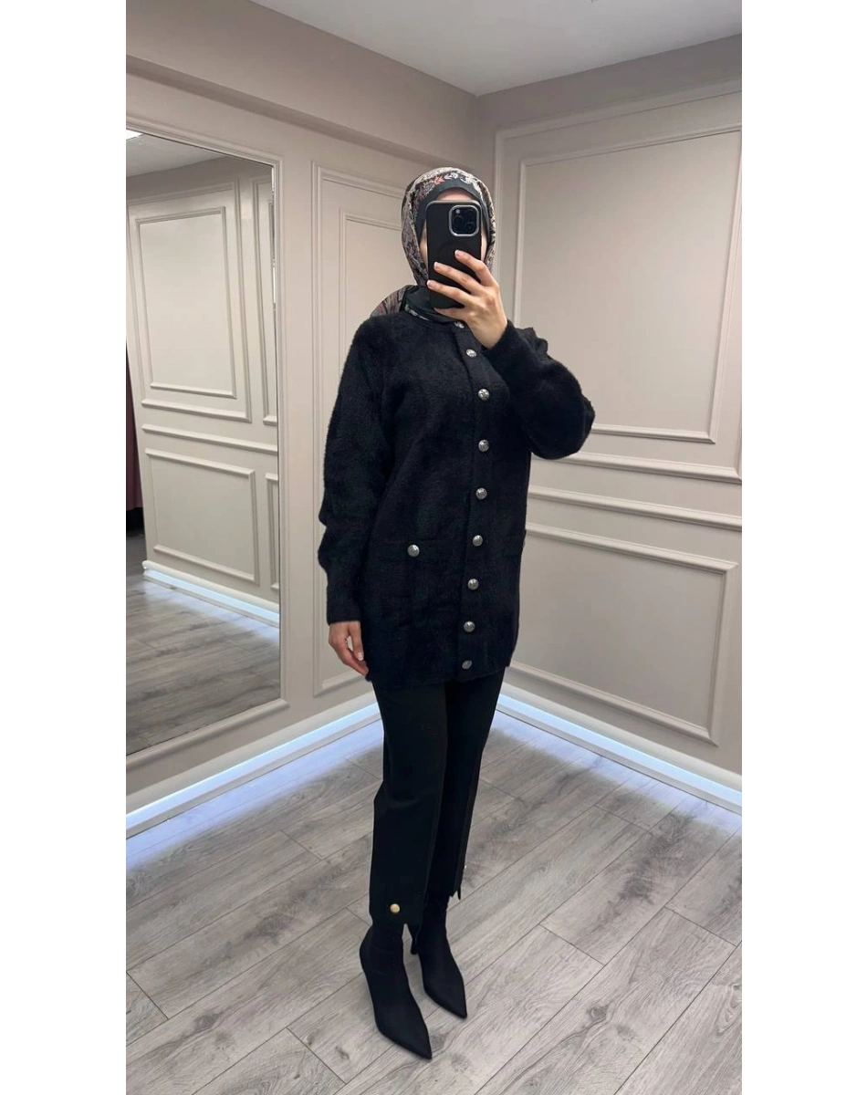 Nuss Triko 26K7008 Siyah Angora Hırka