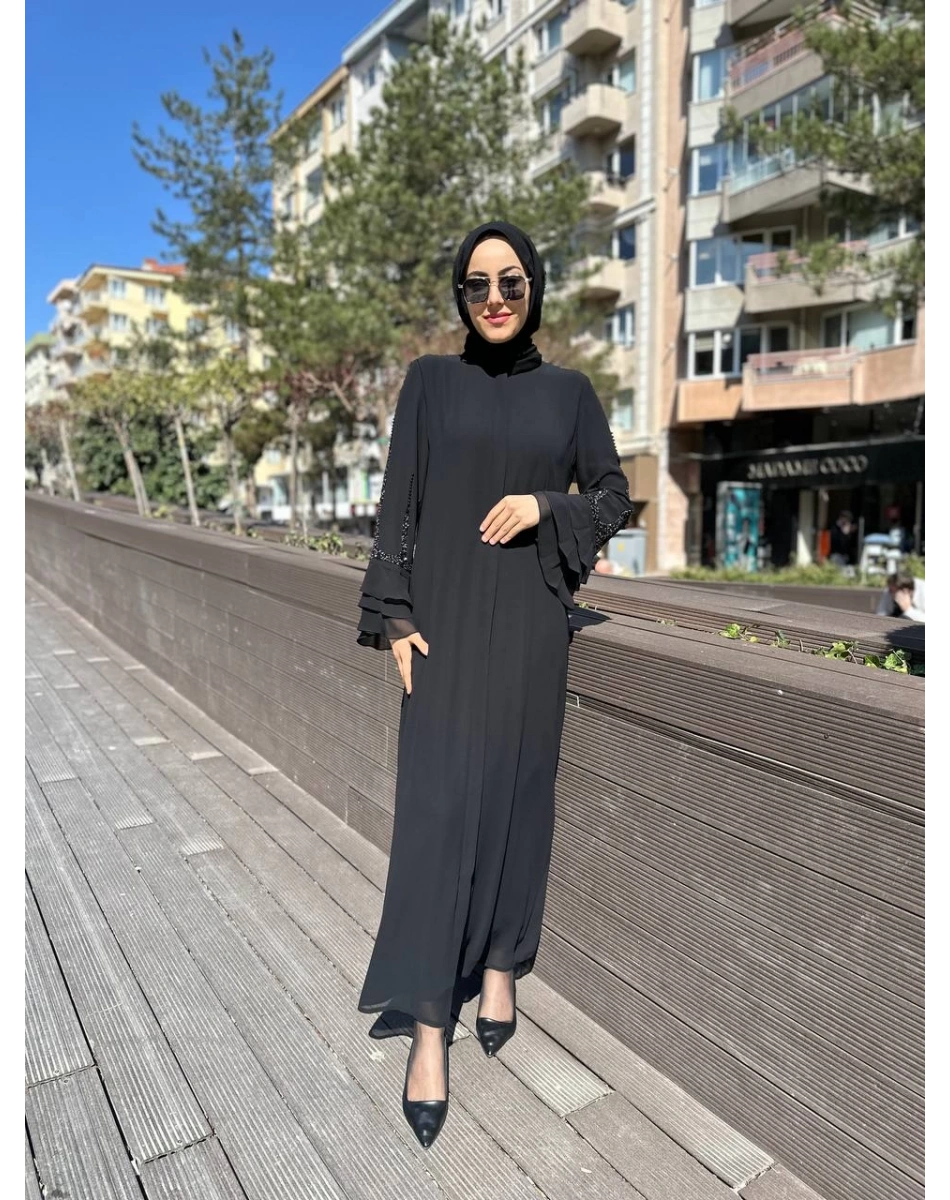 Qeffa Q158 Siyah Kolları Taş Detaylı Ferace