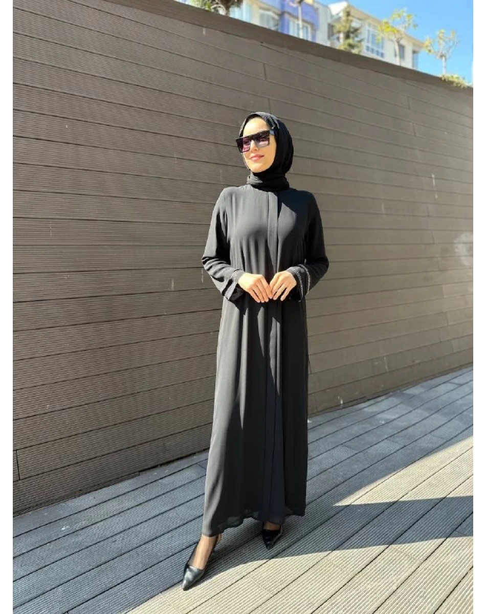 Qeffa Q161 Siyah Arkası Ve Kolu Taşlı Ferace