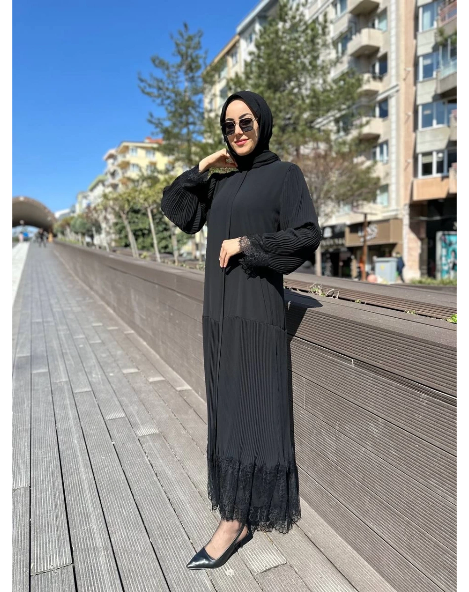 Qeffa Q174 Siyah Pilise Dantel Detaylı Ferace