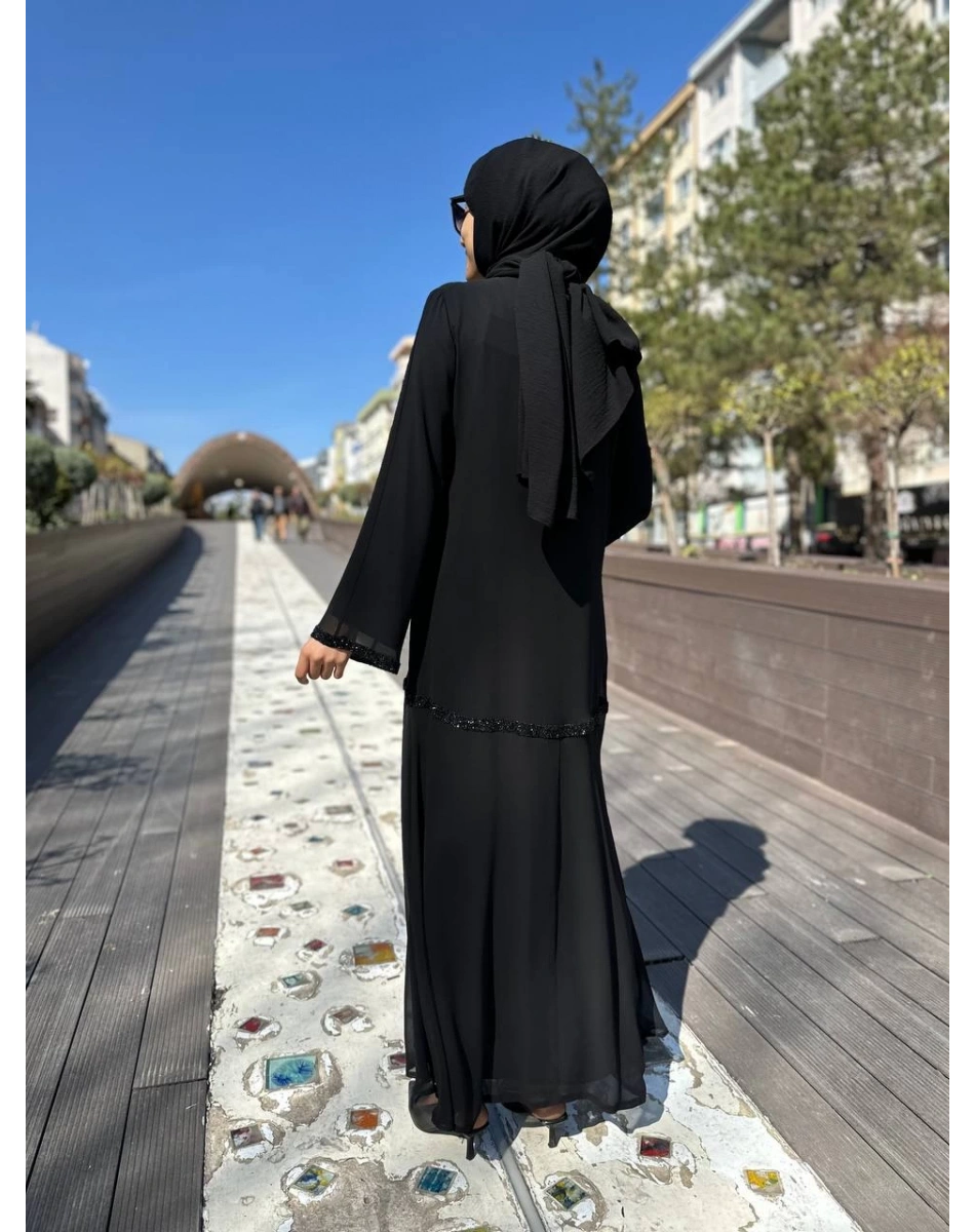 Qeffa Q176 Siyah Taş Detaylı Ferace