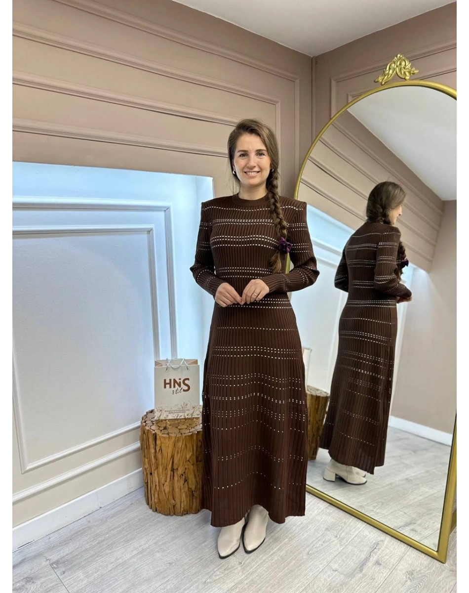 Qooq 24FW404 Kahve Triko Elbise