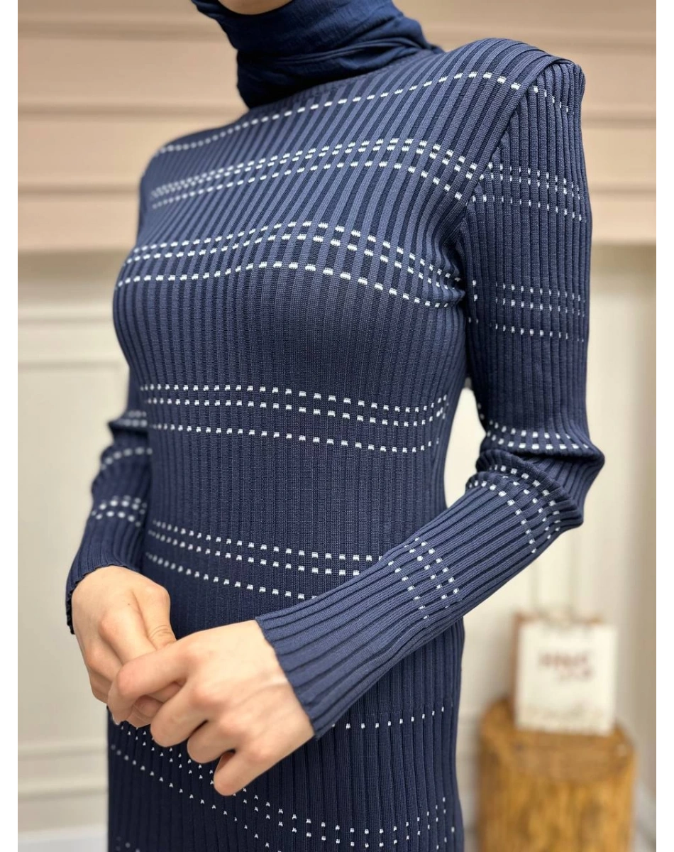 Qooq 24FW404 Lacivert Triko Elbise