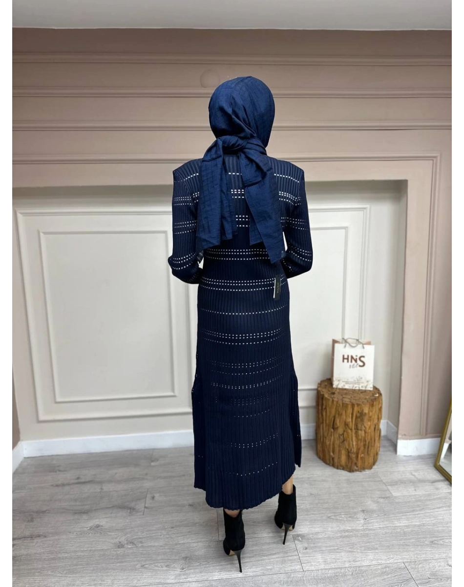 Qooq 24FW404 Lacivert Triko Elbise