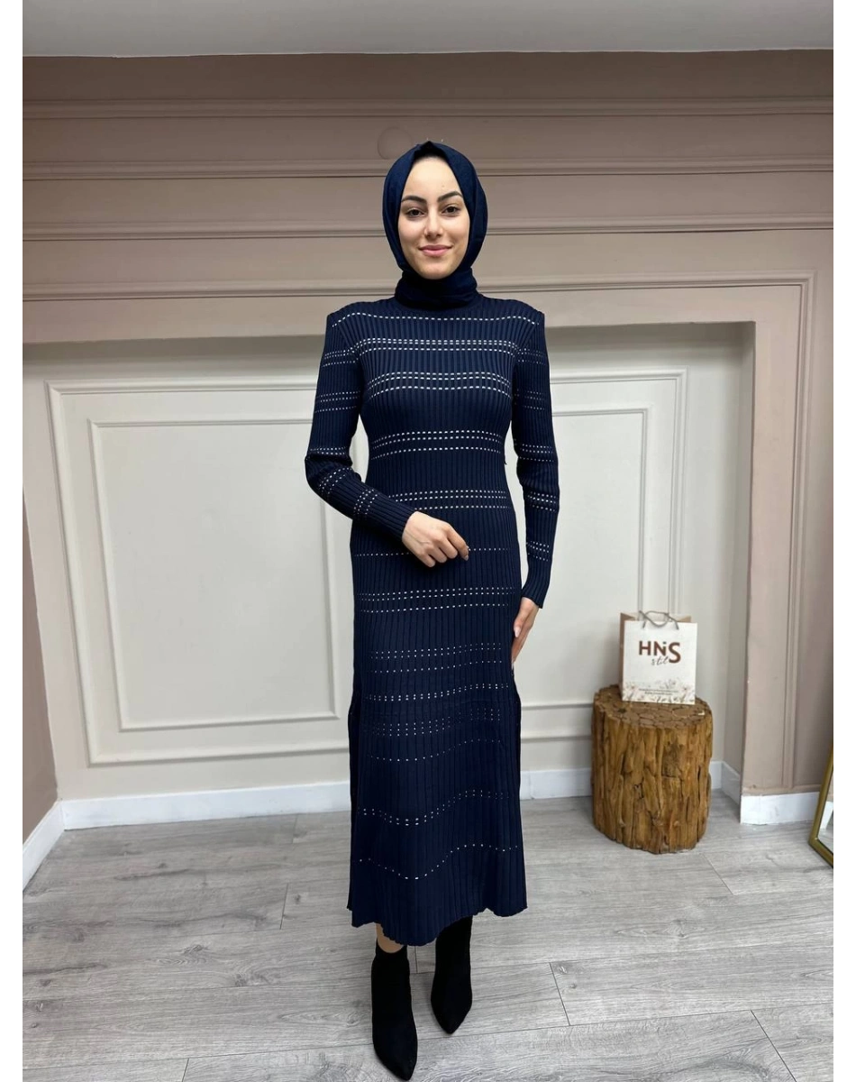 Qooq 24FW404 Lacivert Triko Elbise